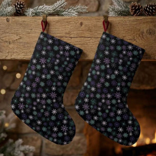 Christmas Snowflake Pattern Black Purple Mint Teal Large Christmas Stocking