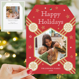 Christmas Snowflake Photo Name Red Flat Tag Holiday Card