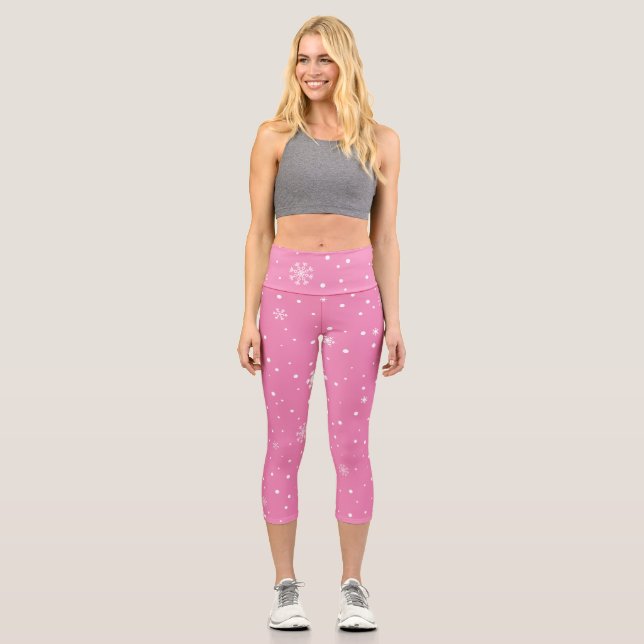 Christmas snowflake pink and white polka dot capri leggings (Front)