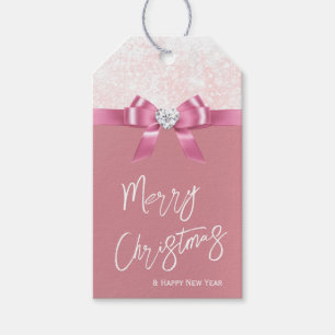 Christmas Snowflake Pink Glossy Ribbon And Diamond Gift Tags