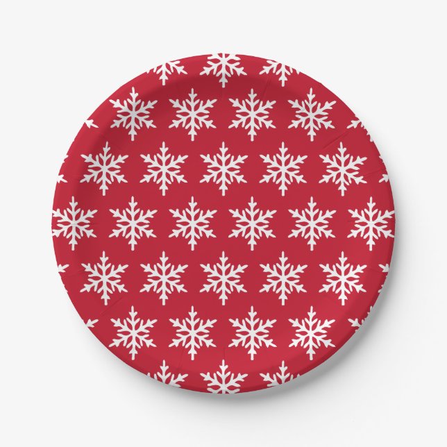 Christmas Snowflake Red Minimalist Holiday Party Paper Plate (Front)