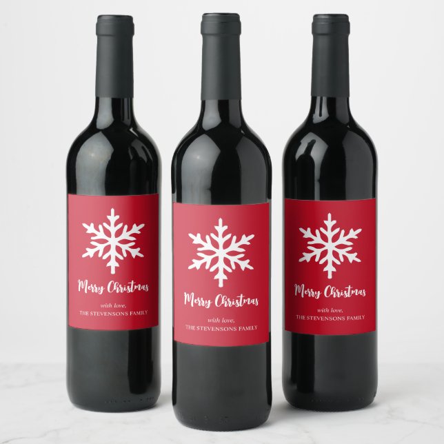 Christmas Snowflake Red Minimalist Holiday Party Wine Label (Bottles)