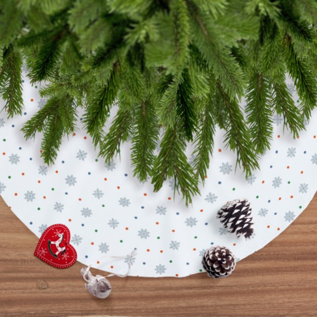 Christmas snowflakes and dots pattern brushed polyester tree skirt (Trendy modern elegant white Christmas snowflakes and dots christmas tree skirt)