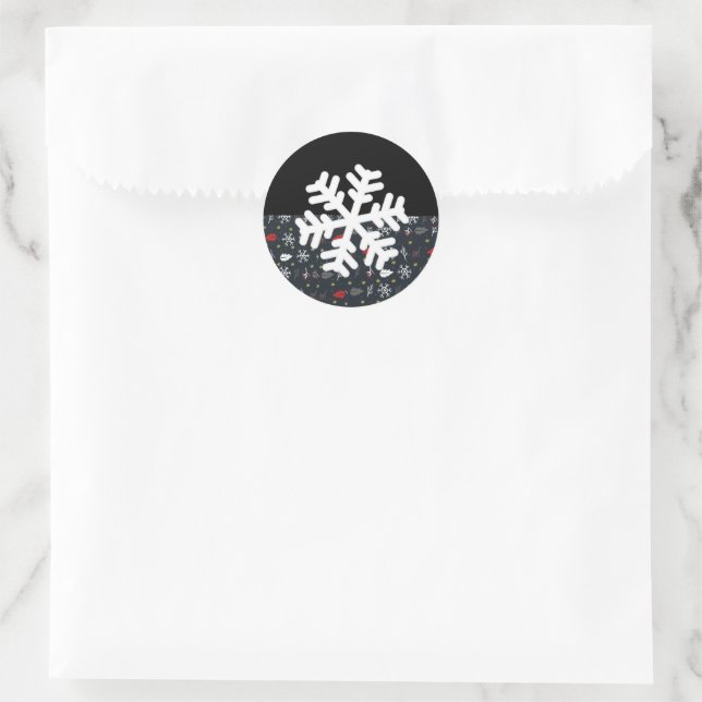 Christmas Snowflakes and Leaves with Black Back Classic Round Sticker (Bag)