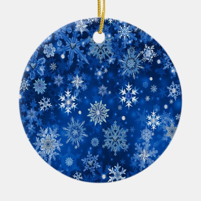 Christmas Snowflakes Blue and Silver Ceramic Ornament (Front)