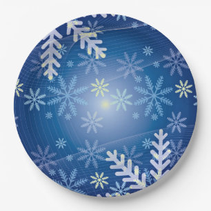 Christmas Snowflakes - Blue Background Paper Plate