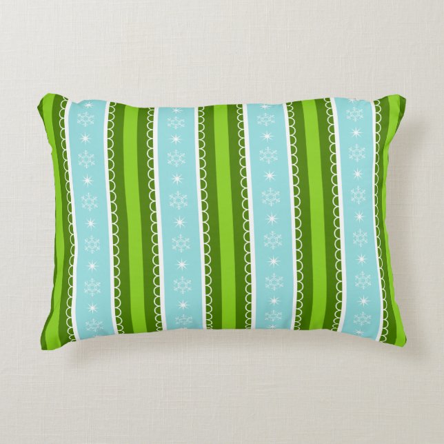 Christmas Snowflakes Blue & Green Stripe Pattern Accent Pillow (Front)