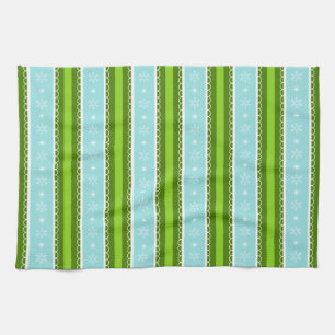 Christmas Snowflakes Blue & Green Stripe Pattern Kitchen Towel