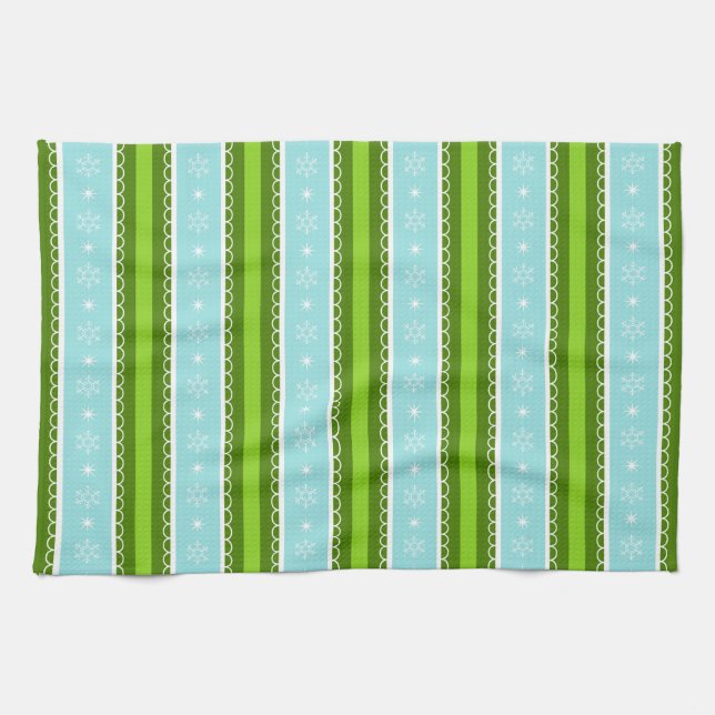 Christmas Snowflakes Blue & Green Stripe Pattern Kitchen Towel (Horizontal)