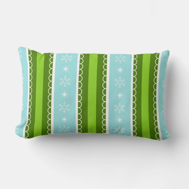 Christmas Snowflakes Blue & Green Stripe Pattern Lumbar Pillow (Front)