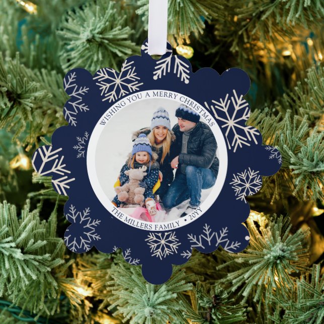 Christmas Snowflakes blue Photo Ornament Card (Insitu (Tree))