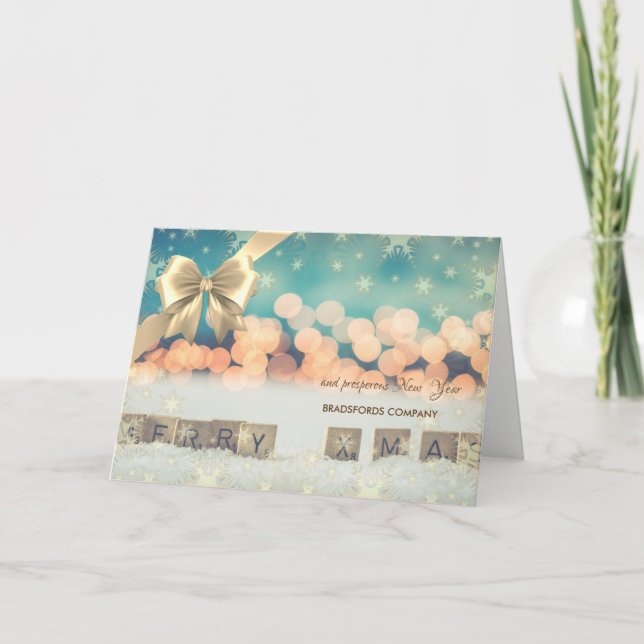 Christmas  Snowflakes,Bow,Bokeh Corporate Greeting Holiday Card (Front)