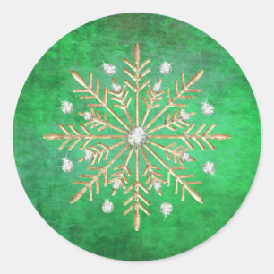 Christmas Snowflakes Green & Gold Classic Round Sticker