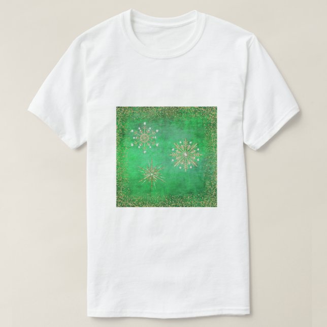 Christmas Snowflakes Green & Gold Glitter T-Shirt (Design Front)