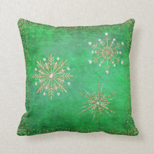 Christmas Snowflakes Green & Gold Glitter Throw Pillow