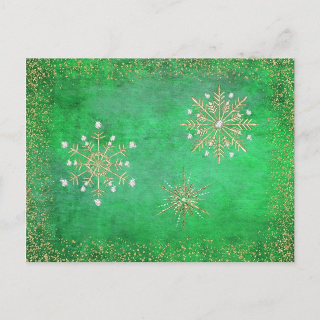 Christmas Snowflakes Green & Gold Holiday Postcard (Front)