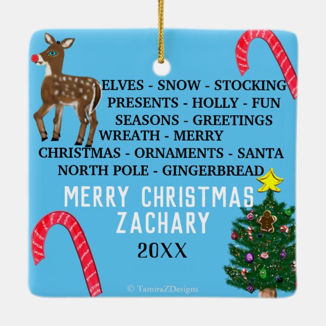 Christmas Snowflakes Mini 15 Word Puzzle Ceramic Ornament (Back)