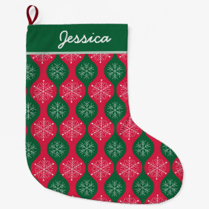 Christmas Snowflakes on Green Red Ogee Custom Large Christmas Stocking
