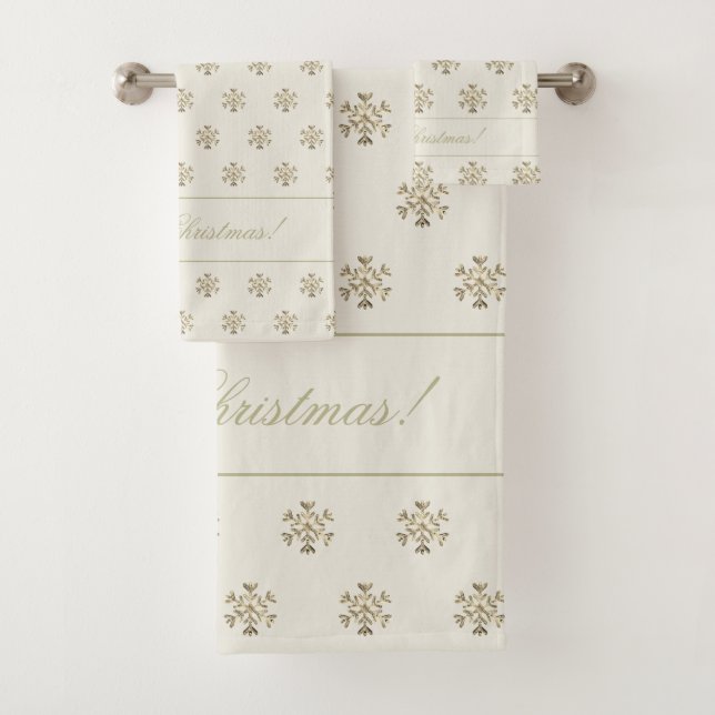 Christmas Snowflakes Pattern Elegant Creamy Gold Bath Towel Set (Insitu)