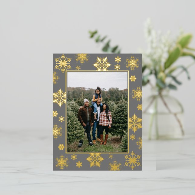 Christmas Snowflakes Photo | Grey Foil Holiday Postcard (Standing Front)