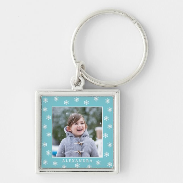 Christmas Snowflakes Photo Name Blue Keychain (Front)