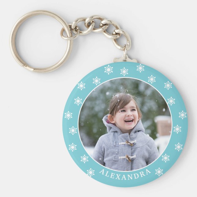Christmas Snowflakes Photo Name Blue Keychain (Front)