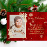 Christmas snowflakes photo wishes foil holiday card<br><div class="desc">A beautiful red marbled card with a photo frame surrounded with golden and why snowflakes. 
Perfect to wish a personal Christmas to your loved ones. 
The baby picture and the wishes text are customizable. 
For an unforgettable Christmas</div>