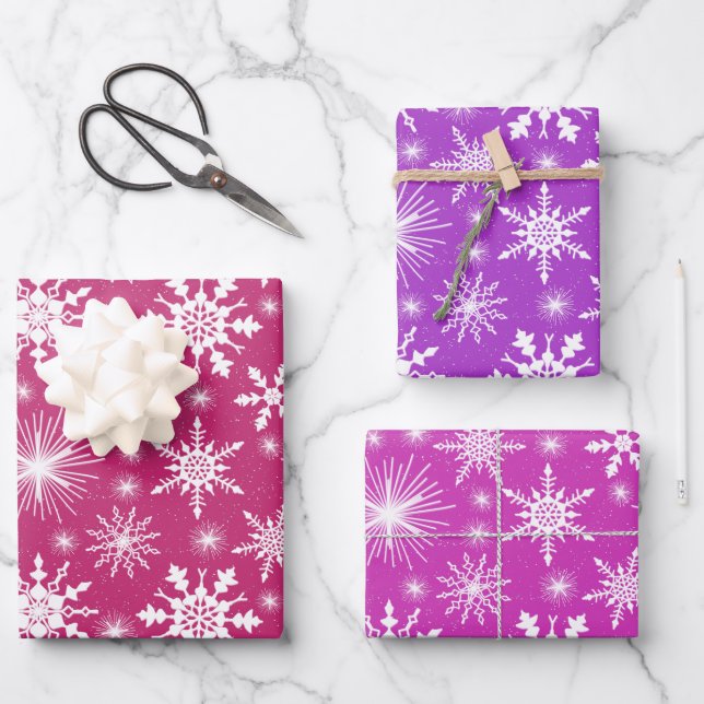 Christmas Snowflakes Pink And Purple Wrapping Paper Sheet (Front)