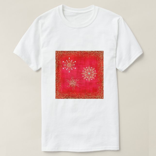 Christmas Snowflakes Red & Gold Glitter T-Shirt (Design Front)