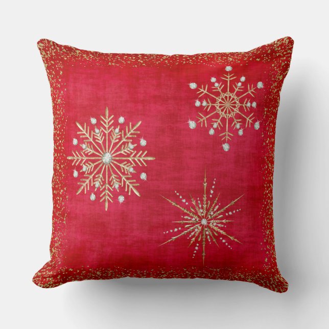 Christmas Snowflakes Red & Gold Glitter Throw Pillow (Front)