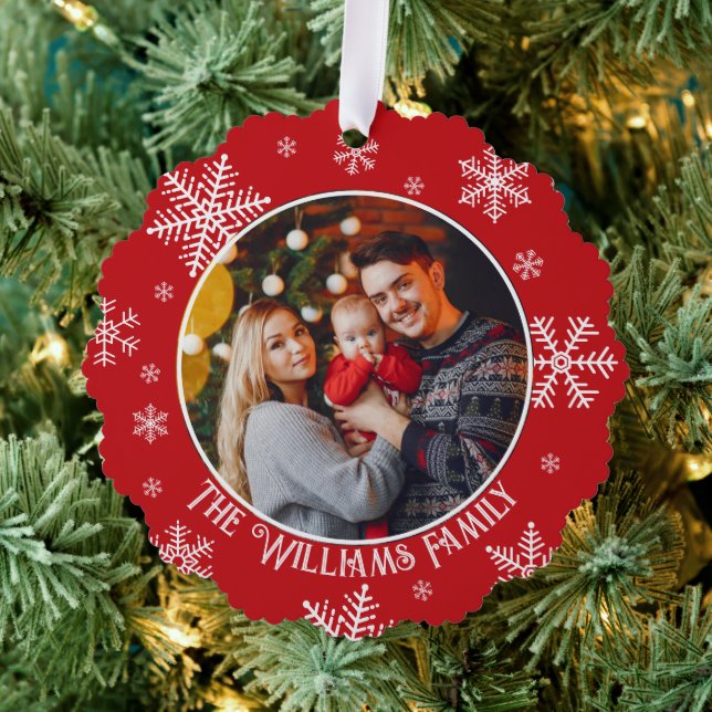 Christmas Snowflakes Red Photo Ornament Card (Insitu (Tree))
