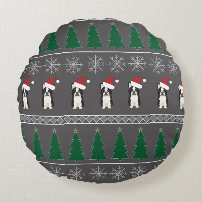 Christmas Snowflakes, Santa Dog, Tree Round Pillow (Front)