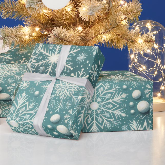Christmas Snowflakes Snow Teal White Decoupage Wrapping Paper (Holidays)