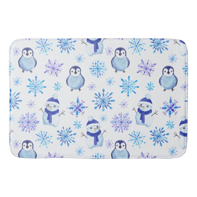 Christmas Snowflakes, Snowmen and Penguins Bath Mat (Front)