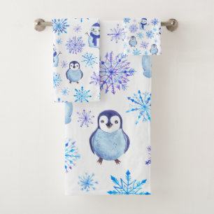 Christmas Snowflakes, Snowmen and Penguins Bath Towel Set