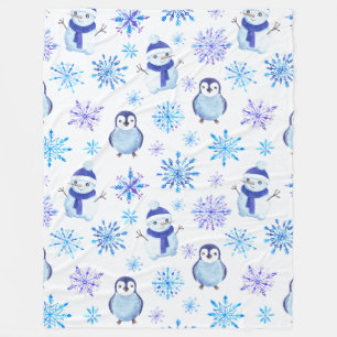 Christmas Snowflakes, Snowmen and Penguins Fleece Blanket