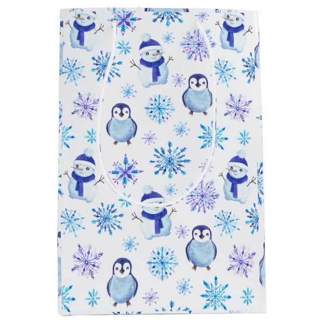 Christmas Snowflakes, Snowmen and Penguins Medium Gift Bag (Front)