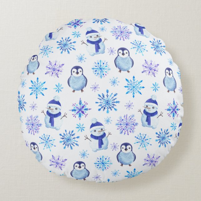 Christmas Snowflakes, Snowmen and Penguins Round Pillow (Front)