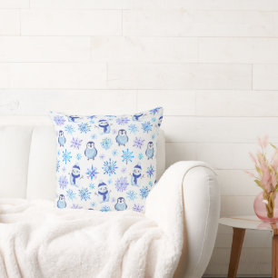 Christmas Snowflakes, Snowmen and Penguins Throw Pillow