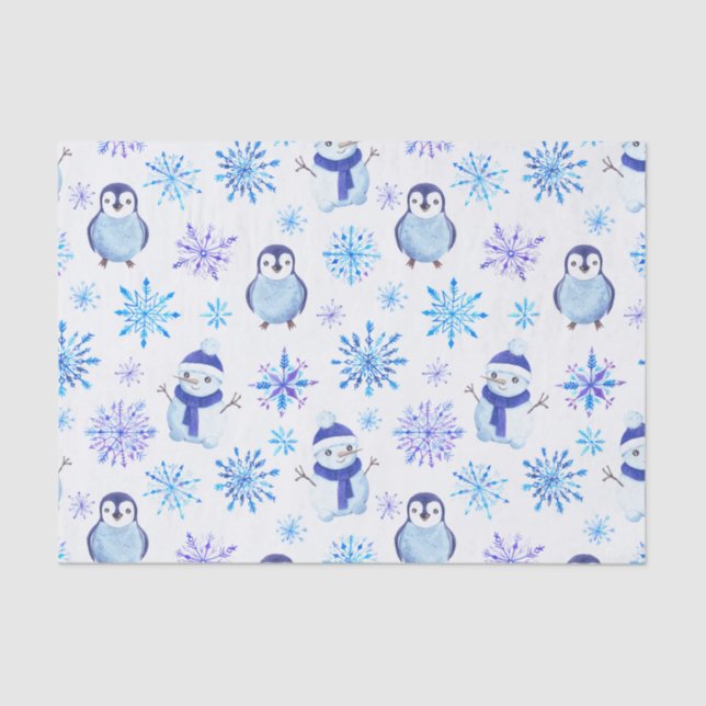 Christmas Snowflakes, Snowmen and Penguins Tissue Paper (Front)