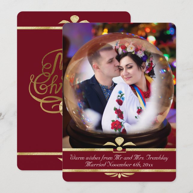 Christmas Snowglobe Photo Mariage Faire-part Rouge (Devant / Derrière)