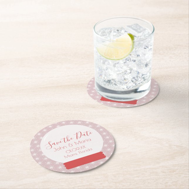 Christmas Snowglobe Snowflakes Save the Date Round Paper Coaster (Insitu)