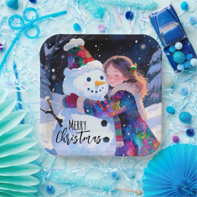 Christmas Snowman And A Girl Paper Plates (Party)
