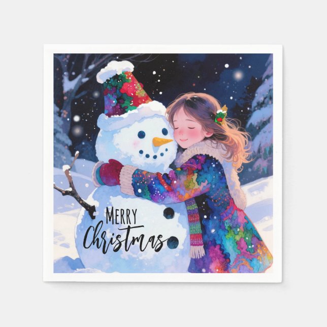Christmas Snowman And A Girl Paper Plates Napkin (Front)