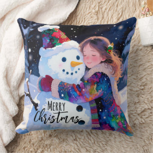 Christmas Snowman And A Girl Throw Pillow