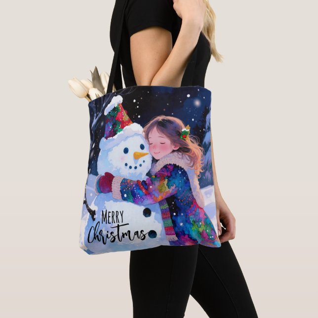 Christmas Snowman And A Girl Tote Bag (Close Up)