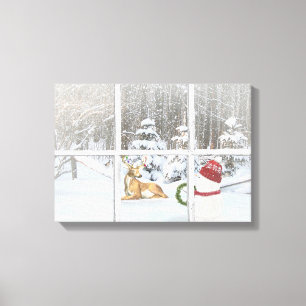Christmas snowman and deer in windowpane canvas print