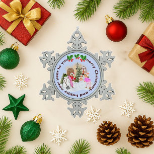 Christmas Snowman and Family Fun Snowflake Pewter Christmas Ornament