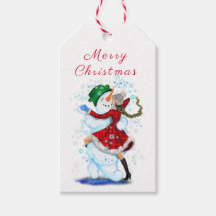 Christmas Snowman and Girl Dancers Funny Gift Tags