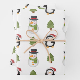Christmas Snowman and Penguin Wrapping Paper Sheet